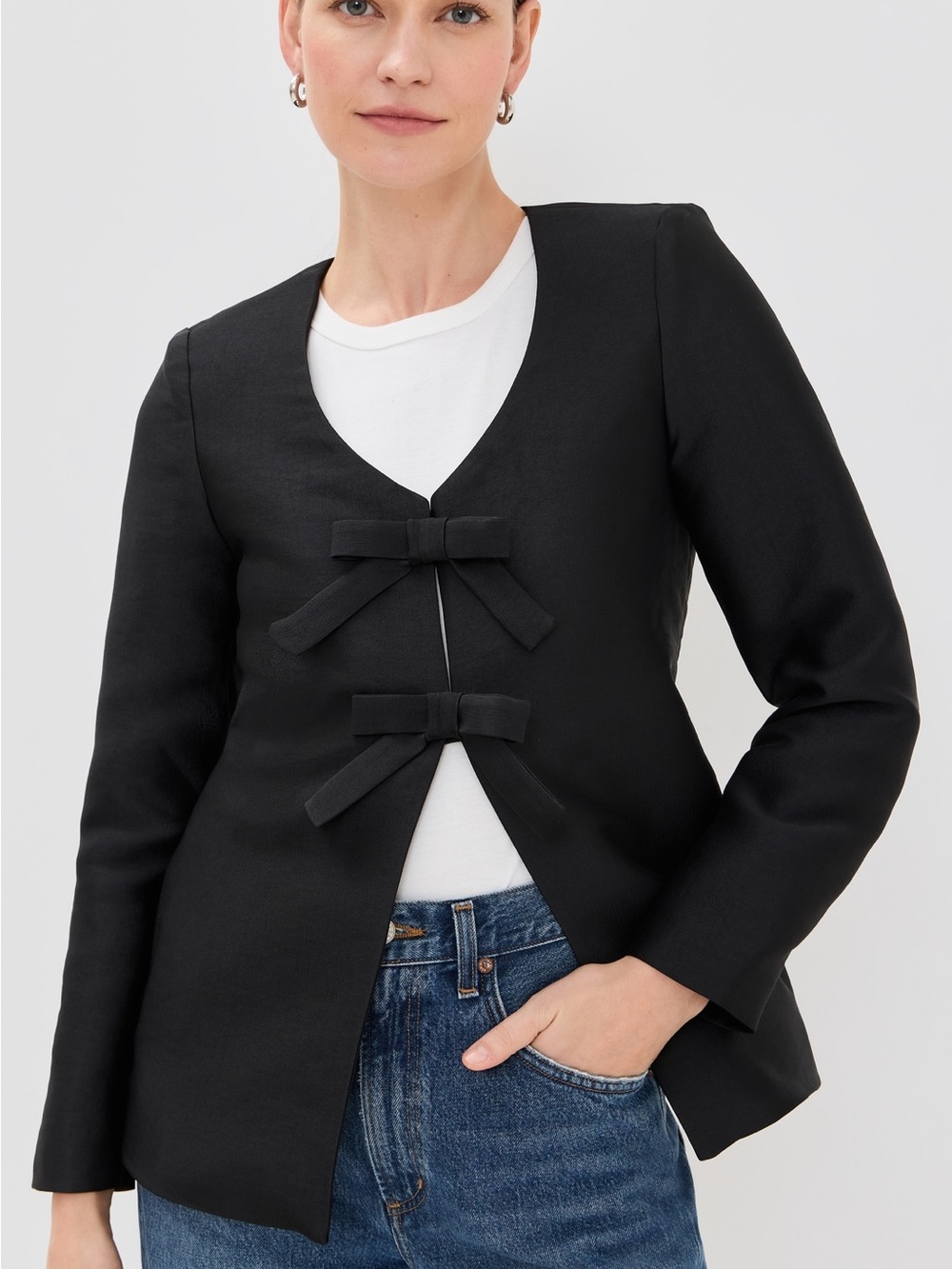 ALIGNE Beau Tailored Satin Lady Jacket Blazer Black Bow 16 Top